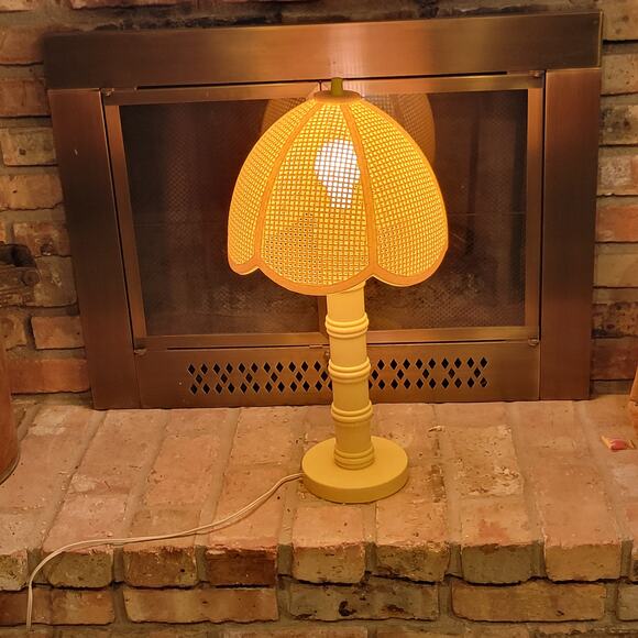 Retro Lamp Yellow Plastic Faux Wicker Shade - Picture 2 of 9